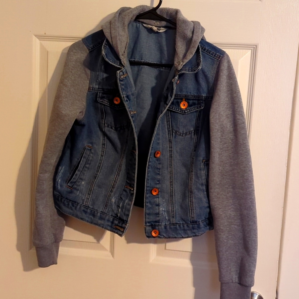 Blue jean sweater with distress details and hoodie
